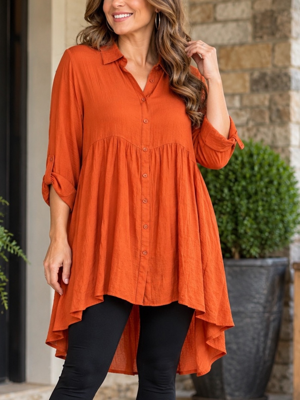 Umgee Rust High-Low Button Front Tunic Top M